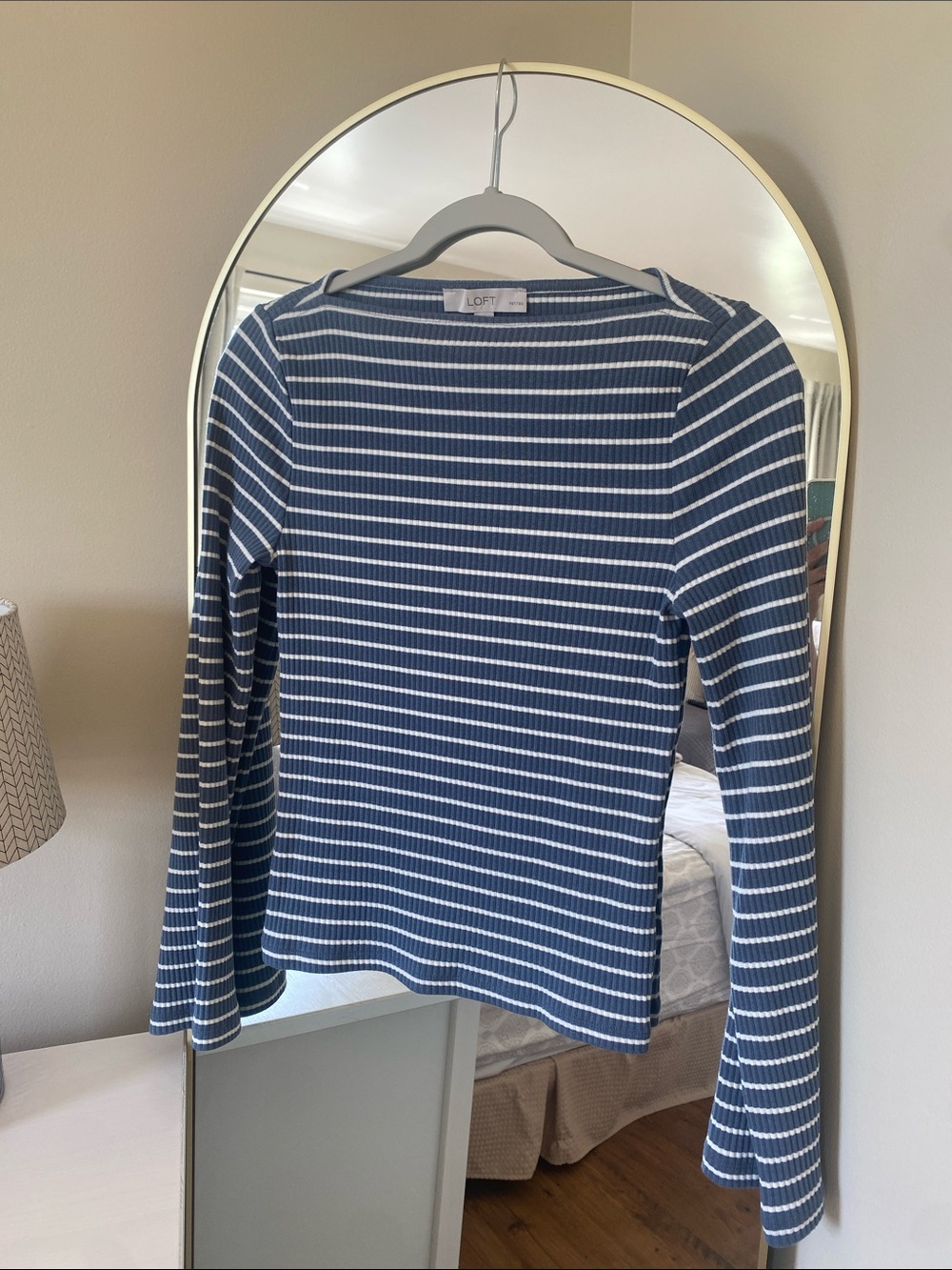 LOFT Navy and White Striped Ribbed Long Sleeve Top